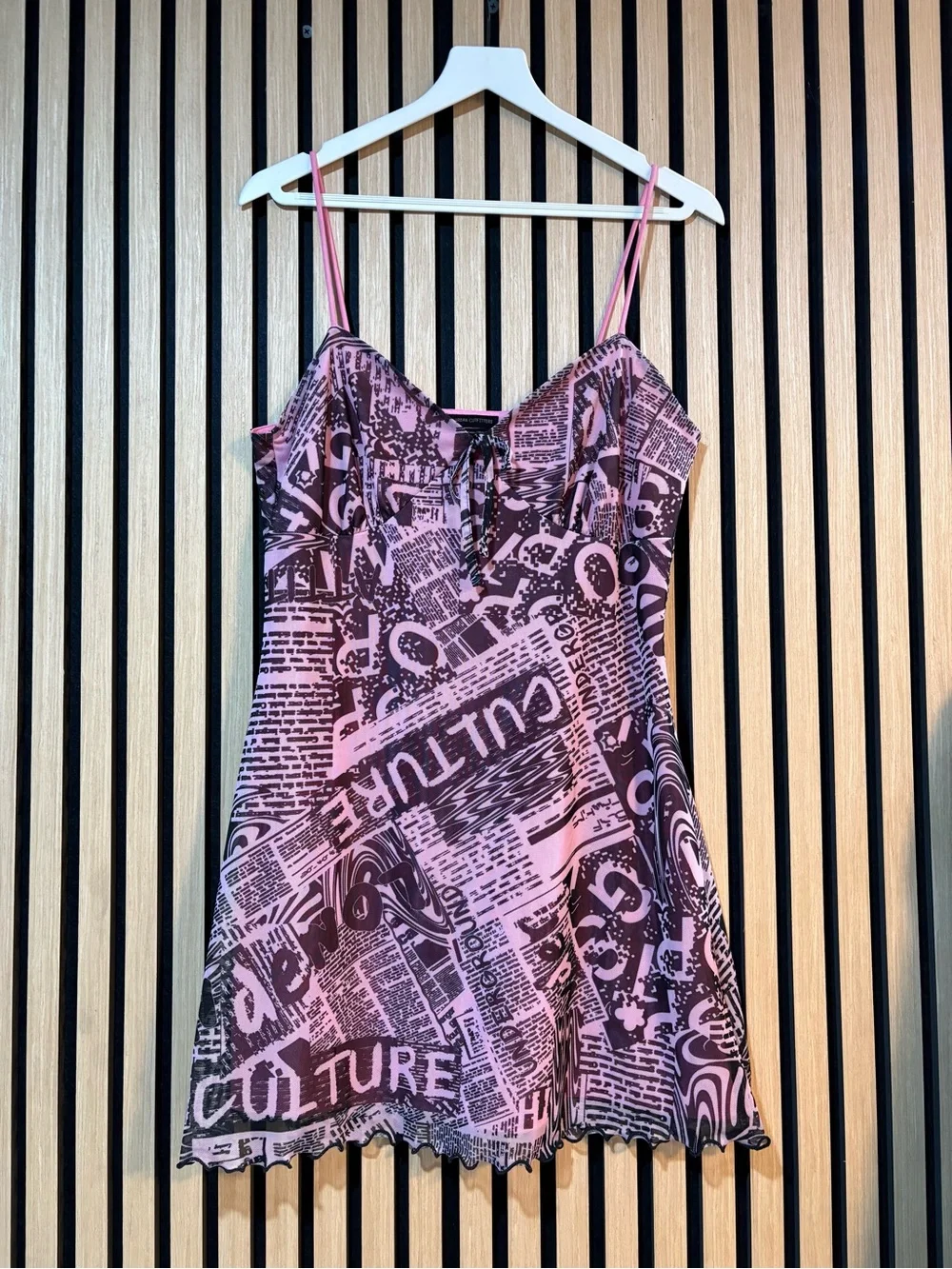 Urban Outfitters UO Elodie Mesh Slip Dress Newspaper Print Pink Black Size Large